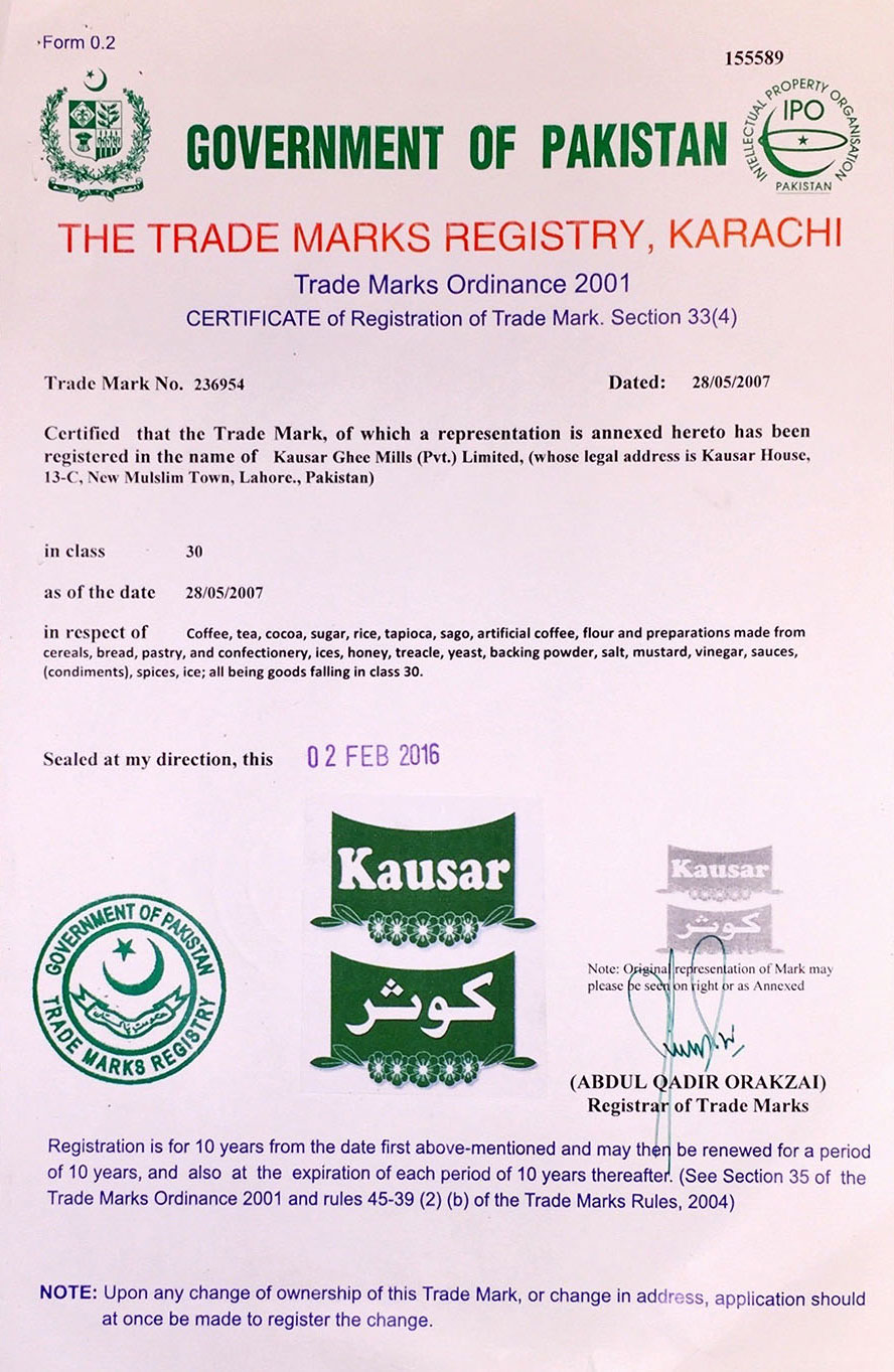 Kausar is a registered trade mark in class 30 in Pakistan.